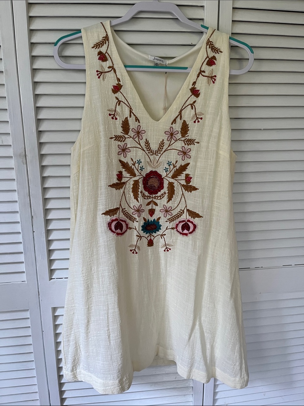 JODIFL Ivory V-Neck Embroidered Dress with Multicolor Floral Accents